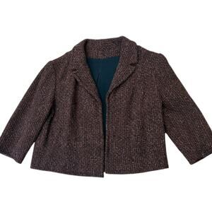 Vintage 50s Boucle Tweed Cropped Jacket Brown Open Front Blazer / medium -